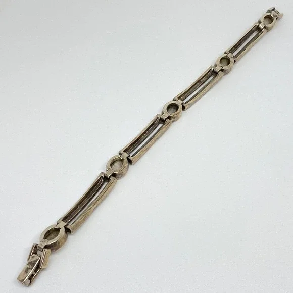 Vintage 925 Sterling Silver Marcasite Mother Of Pearl Chain Link Bracelet 7.5" - Picture 5 of 6